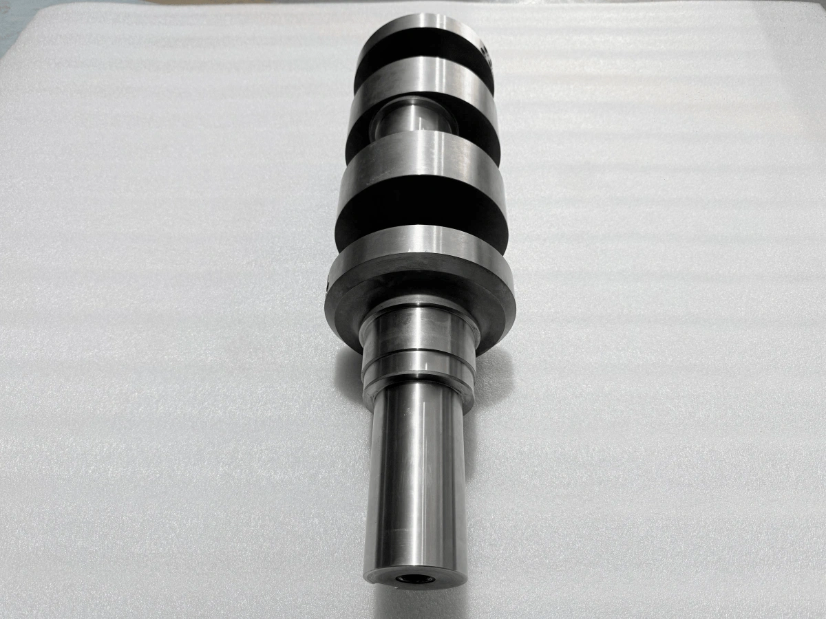 Axial view of a machined crankshaft showing journal surfaces and crank webs