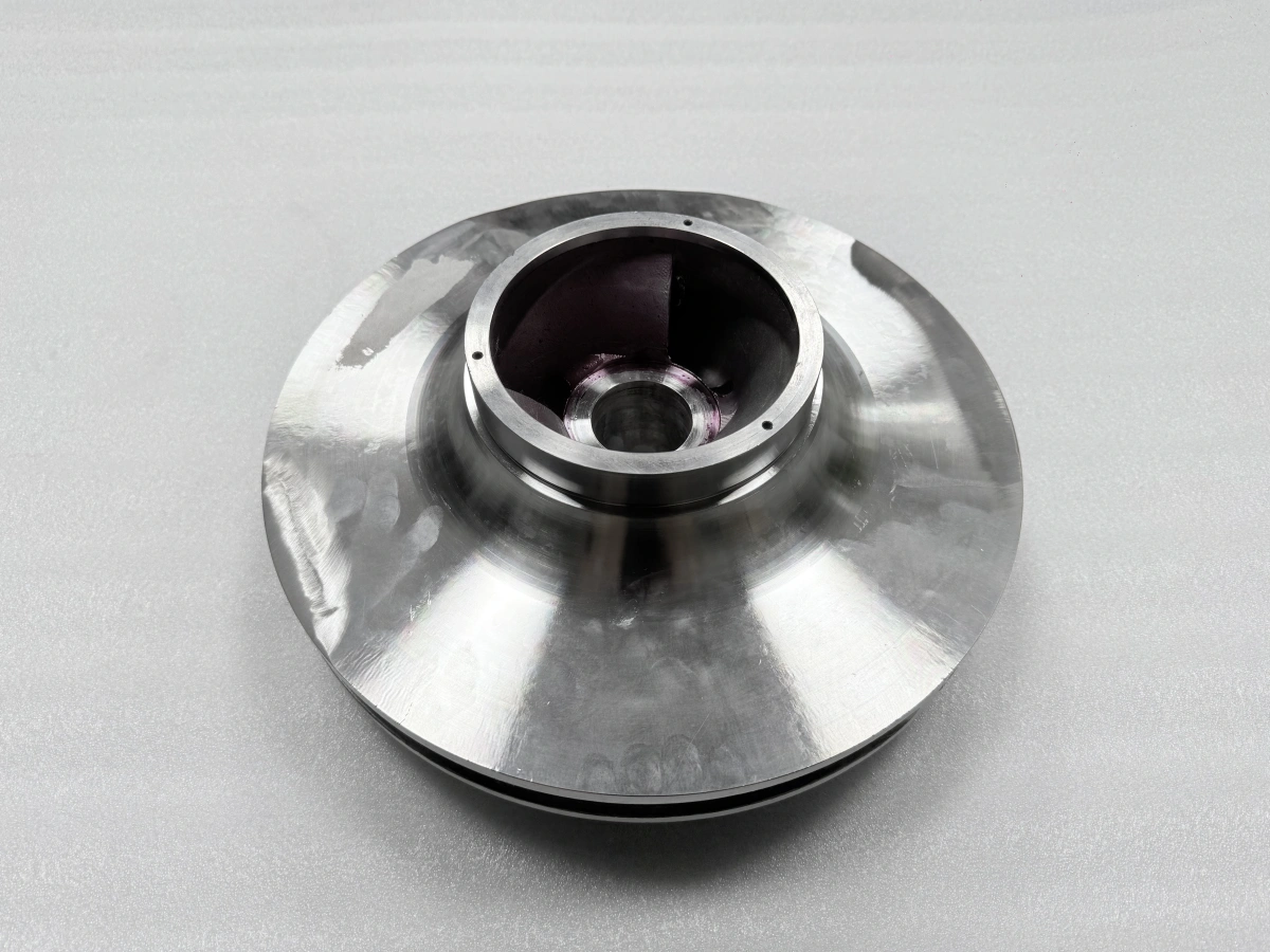 Angled inlet-side view of a closed pump impeller